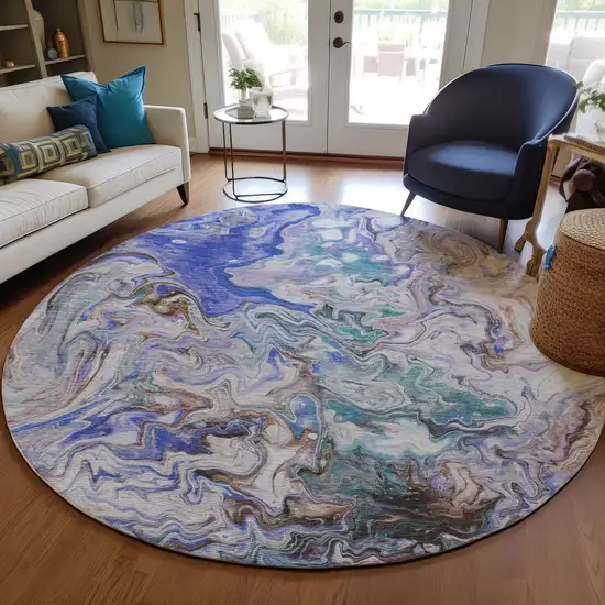 8' Beige Blue And Taupe Round Abstract Washable Indoor Outdoor Area Rug Photo 7