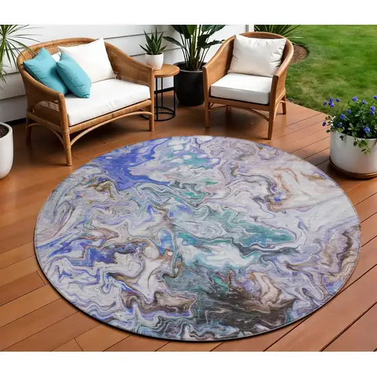 8' Beige Blue And Taupe Round Abstract Washable Indoor Outdoor Area Rug Photo 1