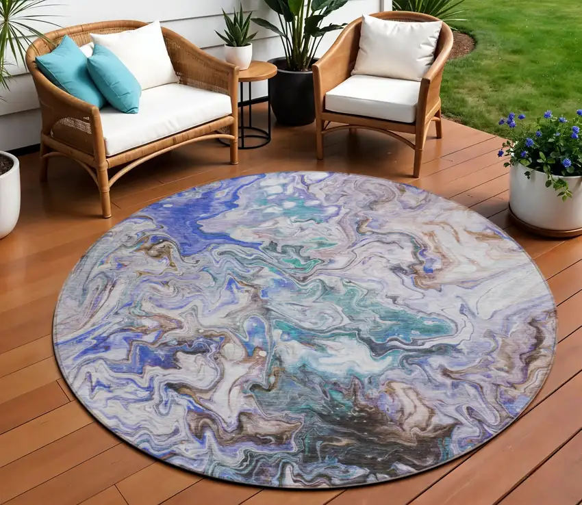 8' Beige Blue And Taupe Round Abstract Washable Indoor Outdoor Area Rug Photo 1