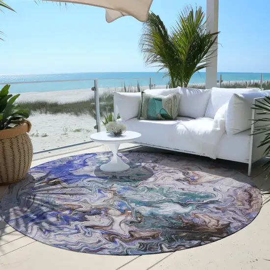8' Beige Blue And Taupe Round Abstract Washable Indoor Outdoor Area Rug Photo 6