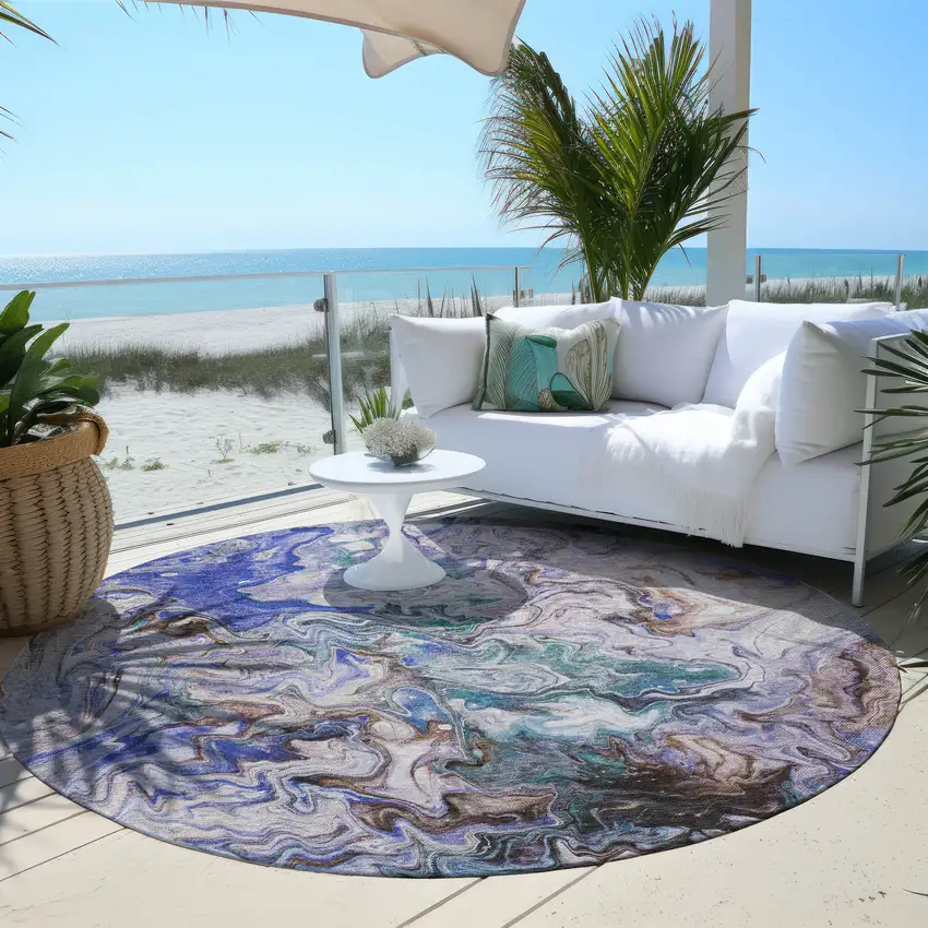 8' Beige Blue And Taupe Round Abstract Washable Indoor Outdoor Area Rug Photo 6