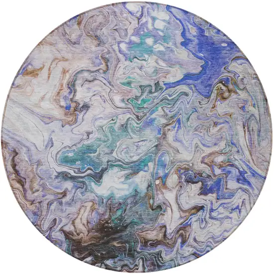 8' Beige Blue And Taupe Round Abstract Washable Indoor Outdoor Area Rug Photo 5