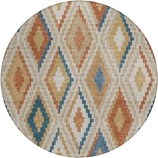 8' Beige Blue And Terra Cotta Round Geometric Washable Indoor Outdoor Area Rug Photo 2