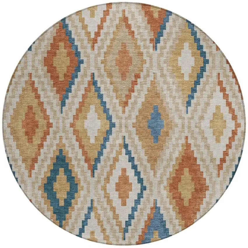 8' Beige Blue And Terra Cotta Round Geometric Washable Indoor Outdoor Area Rug Photo 4