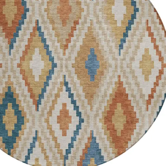 8' Beige Blue And Terra Cotta Round Geometric Washable Indoor Outdoor Area Rug Photo 6