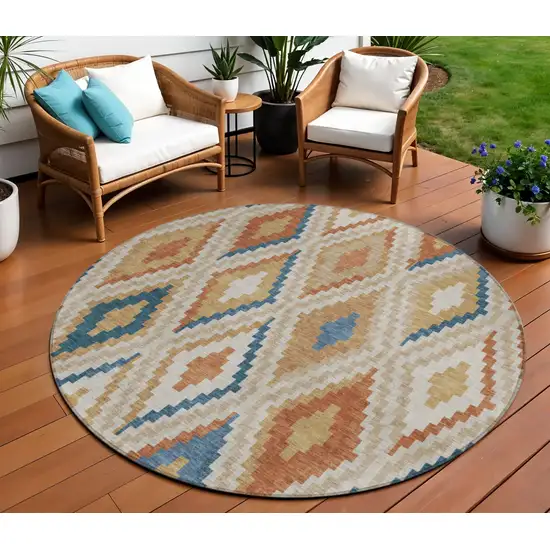 8' Beige Blue And Terra Cotta Round Geometric Washable Indoor Outdoor Area Rug Photo 1