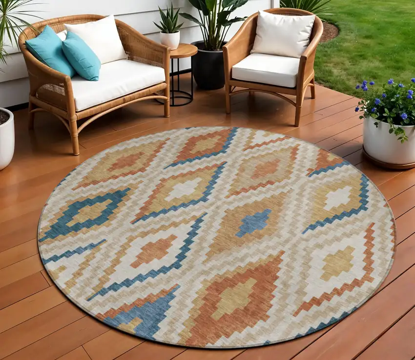 8' Beige Blue And Terra Cotta Round Geometric Washable Indoor Outdoor Area Rug Photo 1