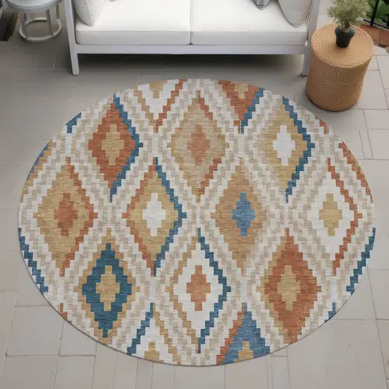 8' Beige Blue And Terra Cotta Round Geometric Washable Indoor Outdoor Area Rug Photo 8
