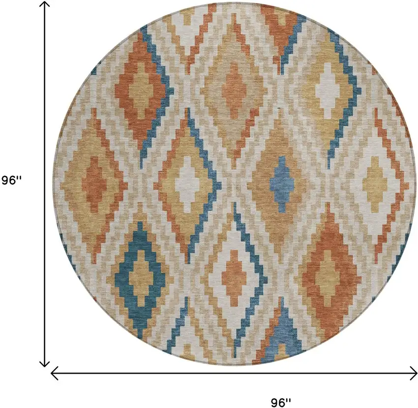 8' Beige Blue And Terra Cotta Round Geometric Washable Indoor Outdoor Area Rug Photo 3