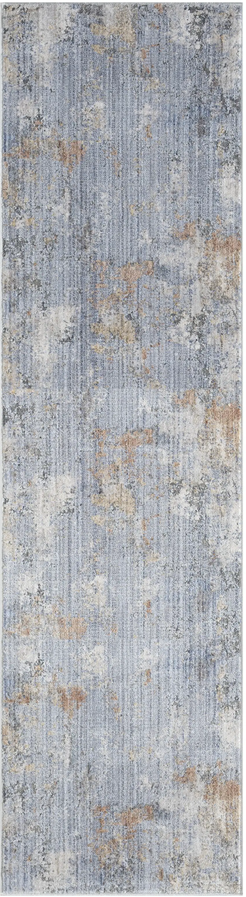 8' Beige Blue and Gray Abstract Runner Rug With Fringe Photo 1