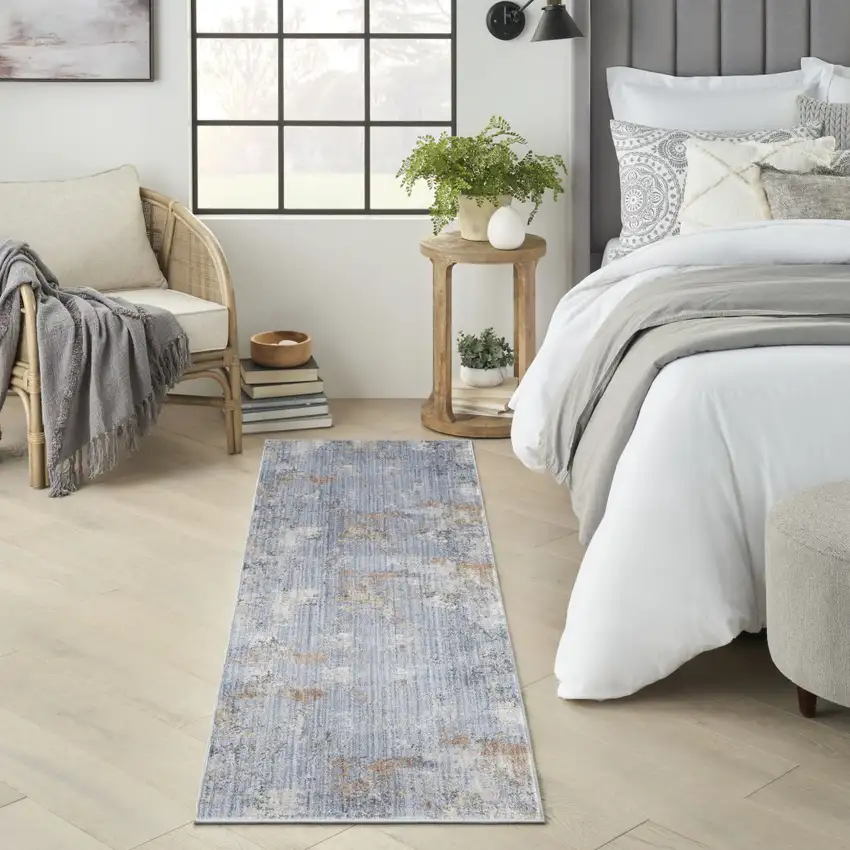 8' Beige Blue and Gray Abstract Runner Rug With Fringe Photo 5