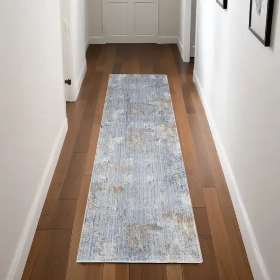 8' Beige Blue and Gray Abstract Runner Rug With Fringe Photo 2