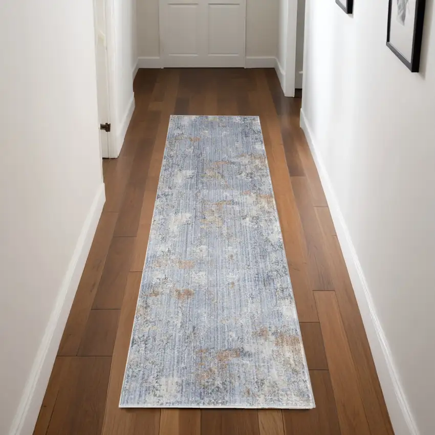 8' Beige Blue and Gray Abstract Runner Rug With Fringe Photo 2