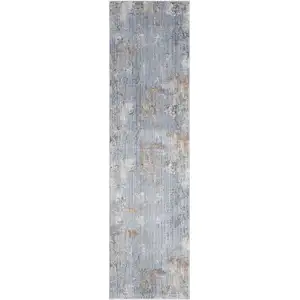 Photo of 8' Beige Blue and Gray Abstract Runner Rug With Fringe