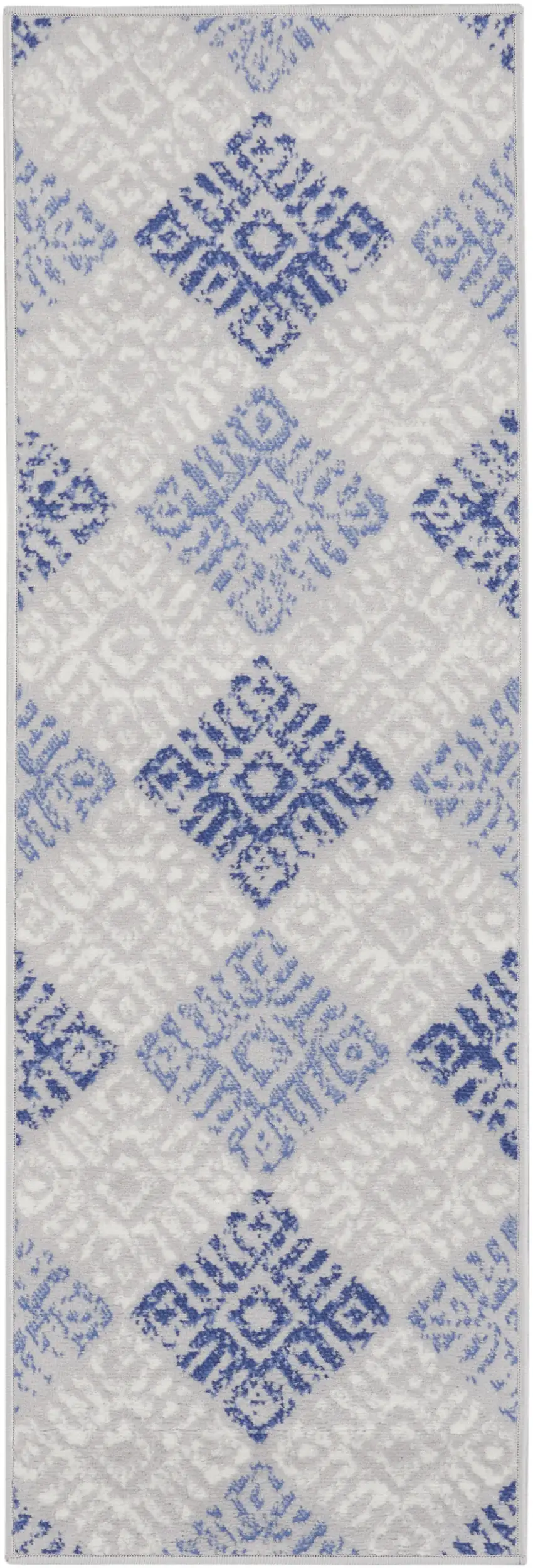 8' Beige Blue and Gray Geometric Distressed Non Skid Runner Rug Photo 7