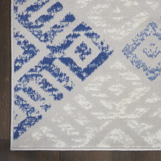 8' Beige Blue and Gray Geometric Distressed Non Skid Runner Rug Photo 9