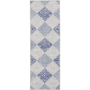 Photo of 8' Beige Blue and Gray Geometric Distressed Non Skid Runner Rug