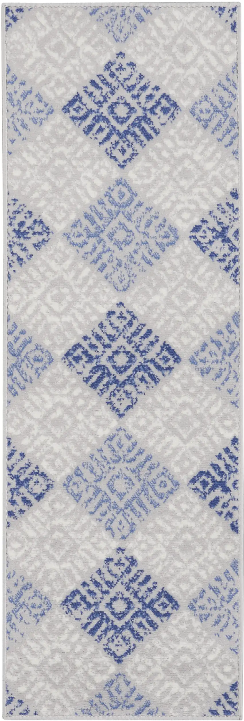 8' Beige Blue and Gray Geometric Distressed Non Skid Runner Rug Photo 2