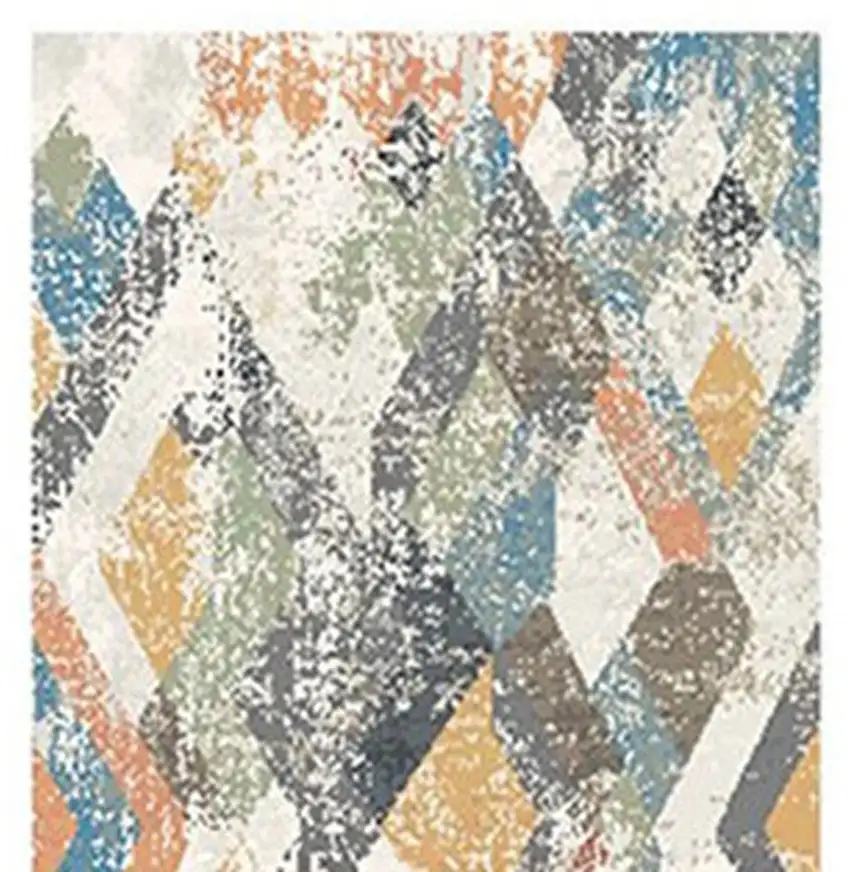 8' Beige Blue and Gray Geometric Distressed Runner Rug With Fringe Photo 4