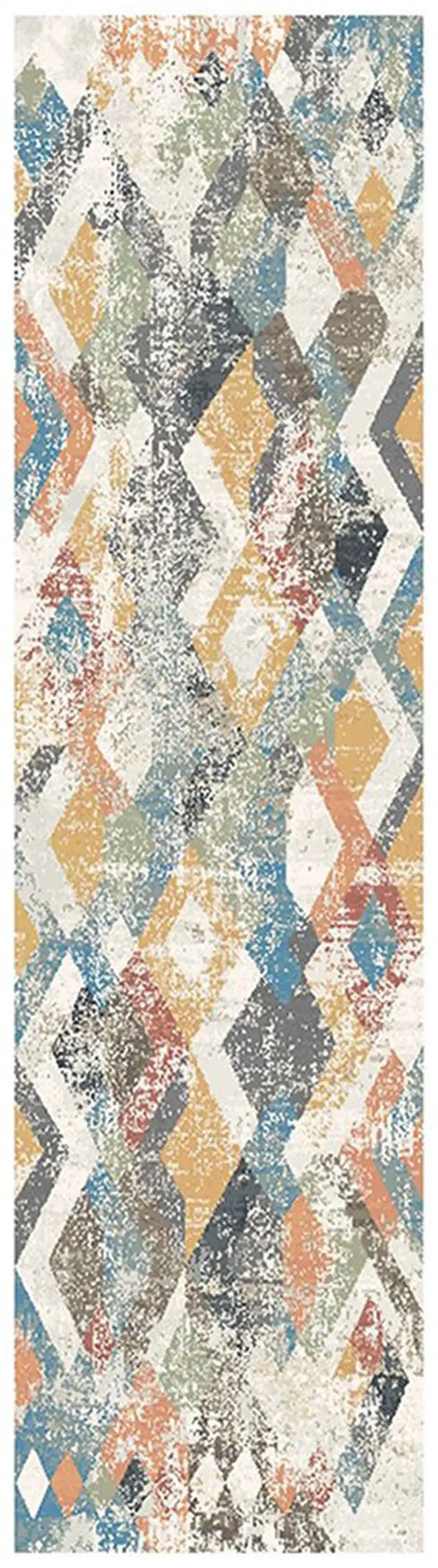 8' Beige Blue and Gray Geometric Distressed Runner Rug With Fringe Photo 2
