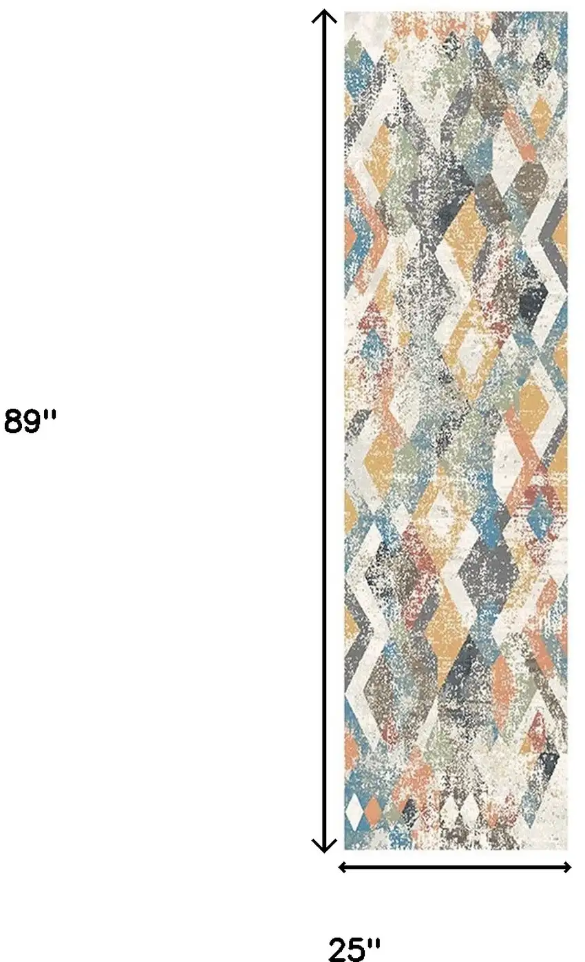 8' Beige Blue and Gray Geometric Distressed Runner Rug With Fringe Photo 5