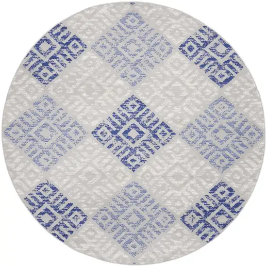 8' Beige Blue and Gray Geometric Round Rug Photo 4