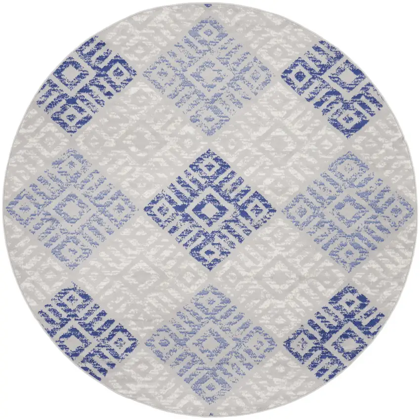 8' Beige Blue and Gray Geometric Round Rug Photo 4