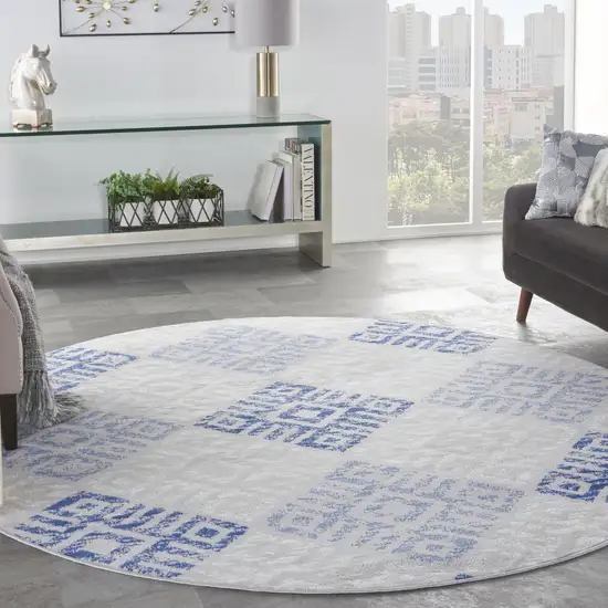 8' Beige Blue and Gray Geometric Round Rug Photo 5