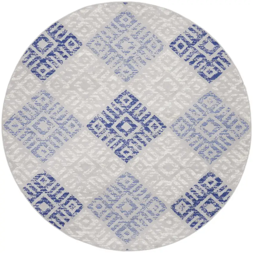8' Beige Blue and Gray Geometric Round Rug Photo 2
