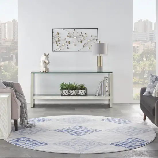 8' Beige Blue and Gray Geometric Round Rug Photo 6