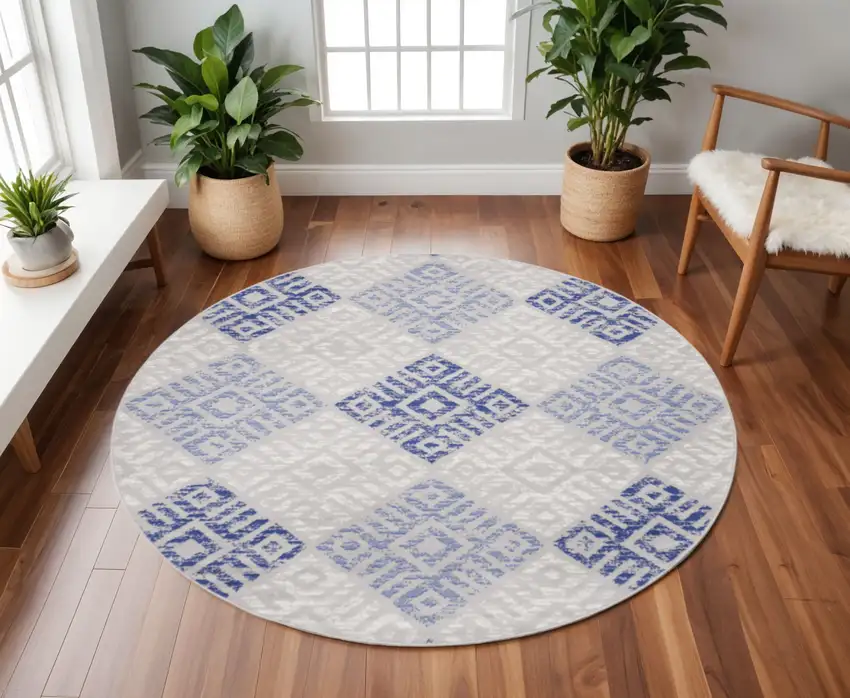 8' Beige Blue and Gray Geometric Round Rug Photo 1