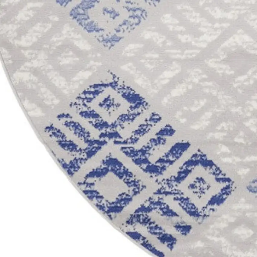 8' Beige Blue and Gray Geometric Round Rug Photo 7