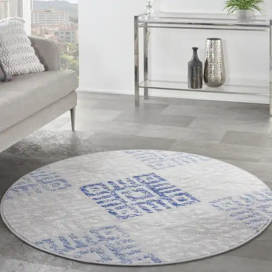 5' Beige Blue and Gray Geometric Round Rug Photo 5