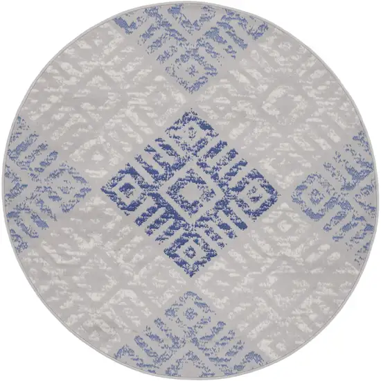 5' Beige Blue and Gray Geometric Round Rug Photo 4