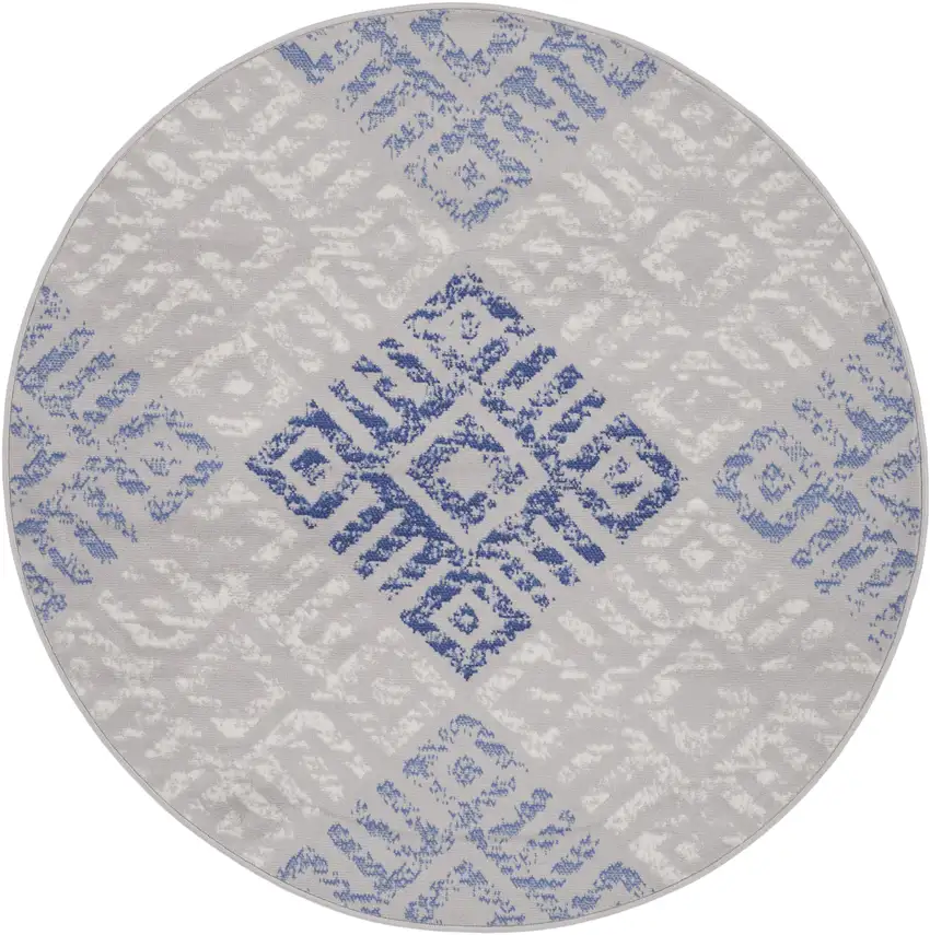 5' Beige Blue and Gray Geometric Round Rug Photo 4