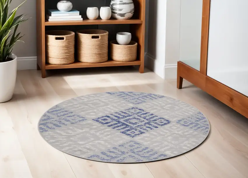5' Beige Blue and Gray Geometric Round Rug Photo 1