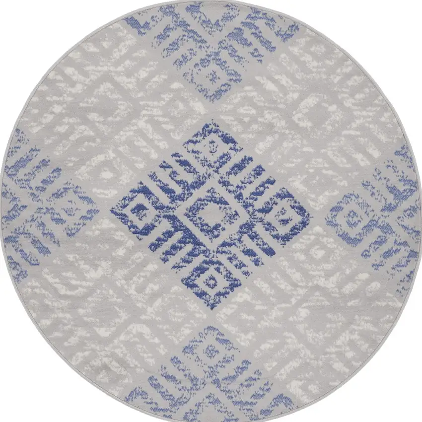 5' Beige Blue and Gray Geometric Round Rug Photo 6