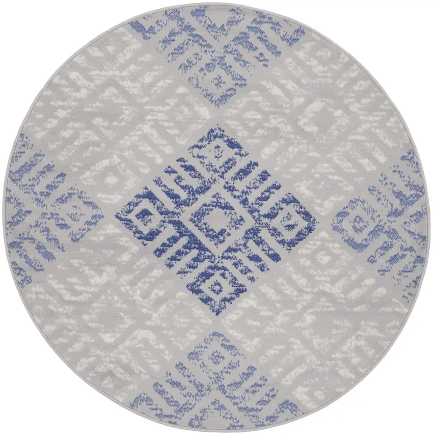 5' Beige Blue and Gray Geometric Round Rug Photo 2