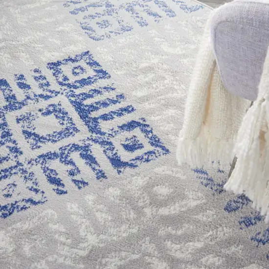 5' Beige Blue and Gray Geometric Round Rug Photo 8