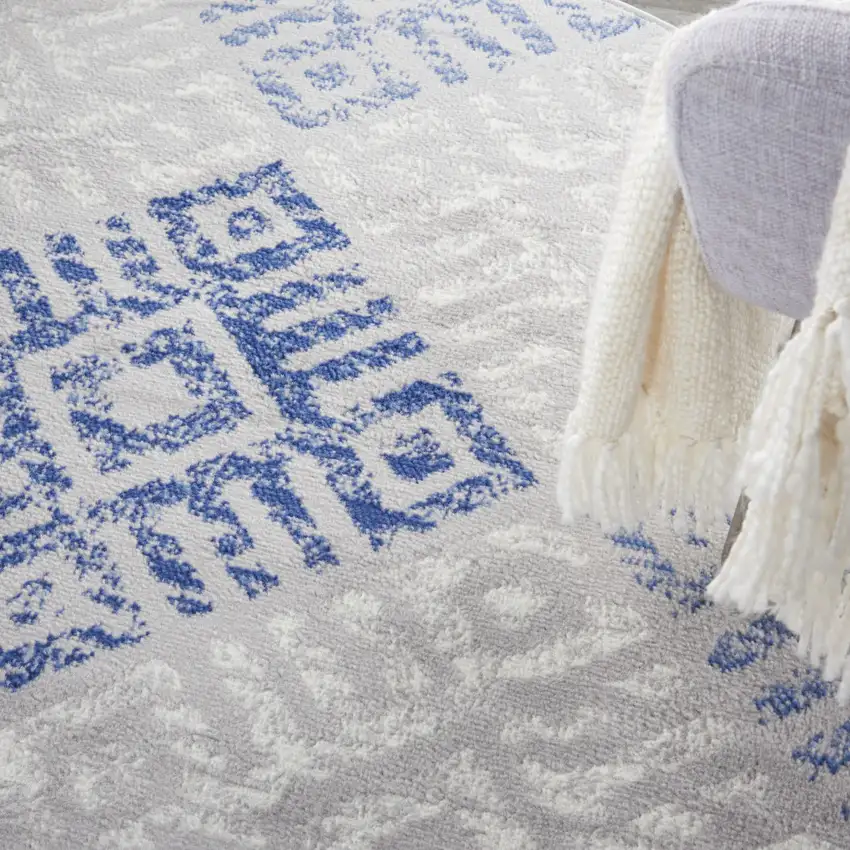 5' Beige Blue and Gray Geometric Round Rug Photo 8