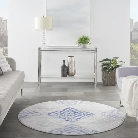 5' Beige Blue and Gray Geometric Round Rug Photo 6