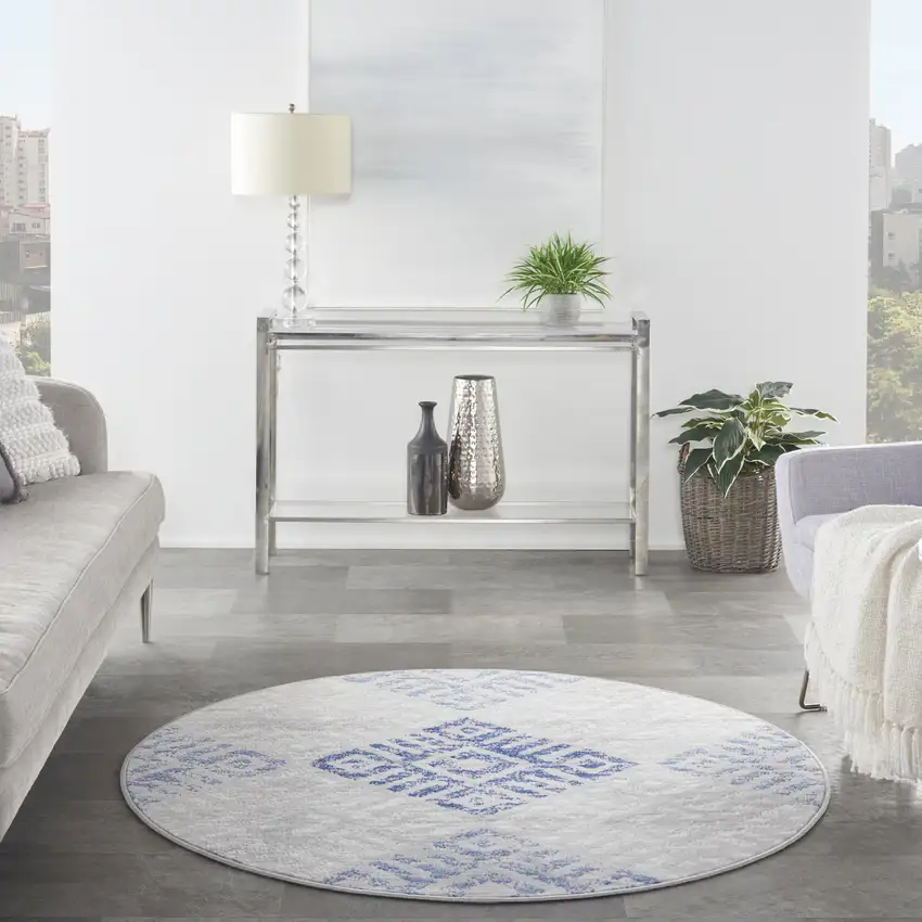 5' Beige Blue and Gray Geometric Round Rug Photo 6