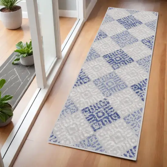 6' Beige Blue and Gray Geometric Runner Rug Photo 1
