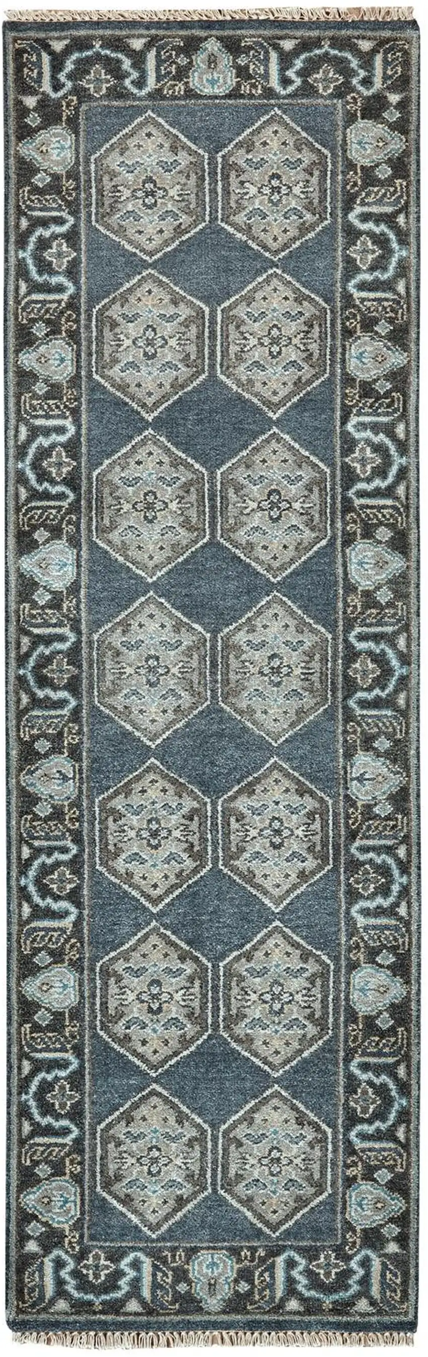 8' Beige Blue and Gray Medallion Hand Knotted Runner Rug With Fringe Photo 2
