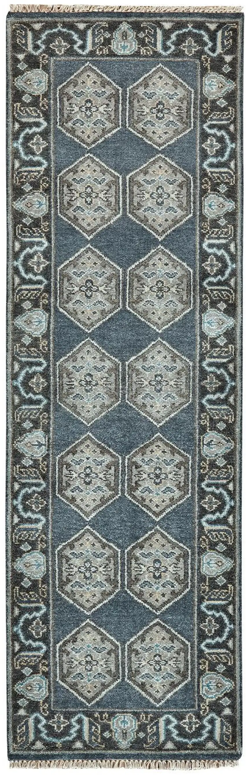 8' Beige Blue and Gray Medallion Hand Knotted Runner Rug With Fringe Photo 5
