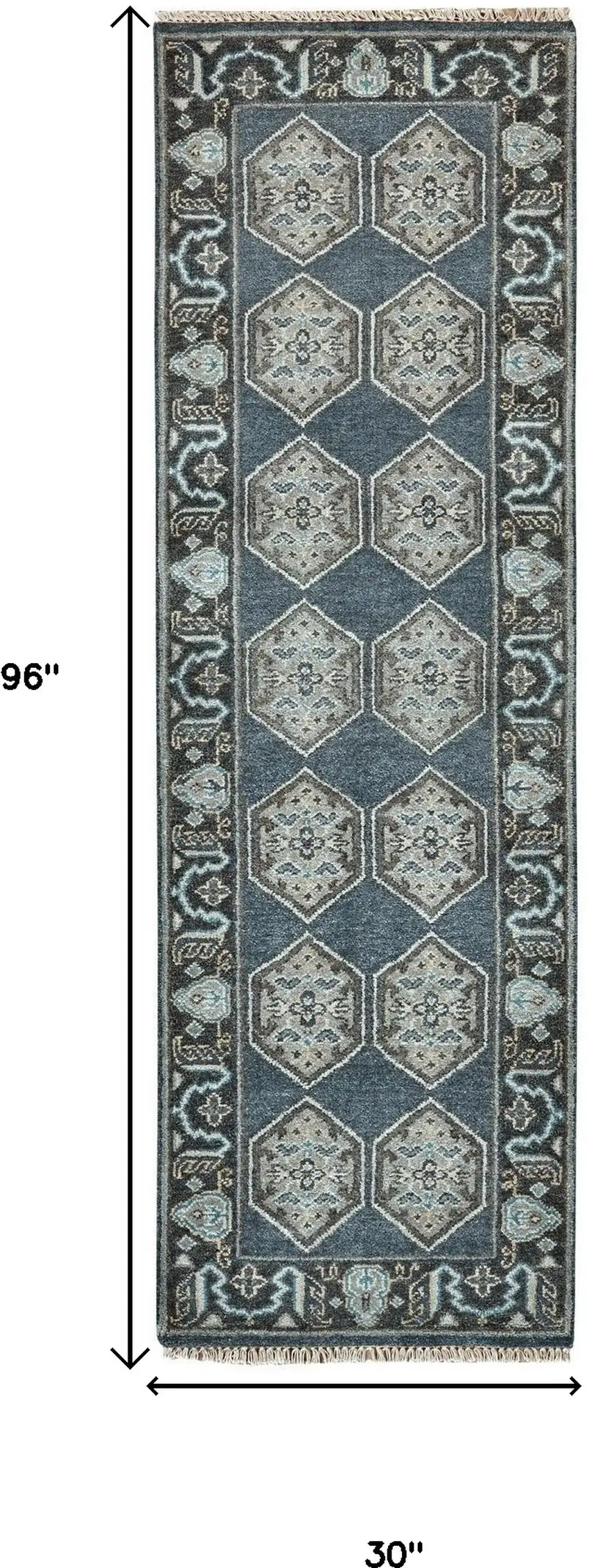 8' Beige Blue and Gray Medallion Hand Knotted Runner Rug With Fringe Photo 3