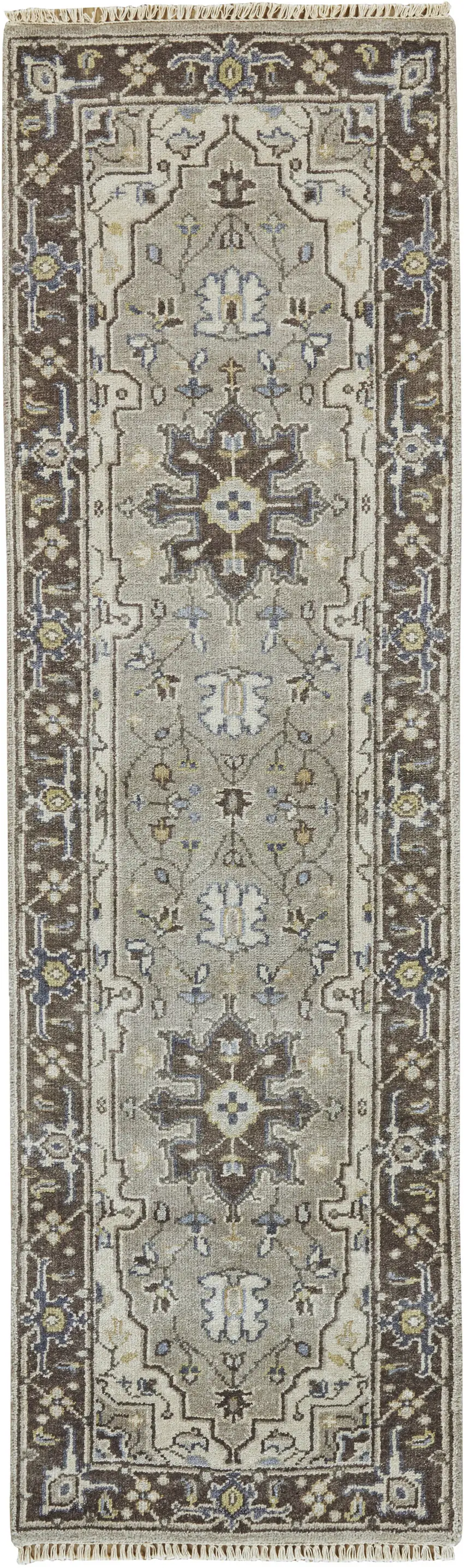 8' Beige Blue and Gray Medallion Hand Knotted Runner Rug With Fringe Photo 4
