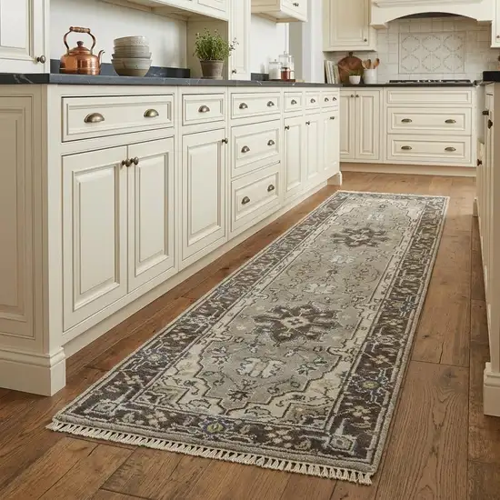 8' Beige Blue and Gray Medallion Hand Knotted Runner Rug With Fringe Photo 1