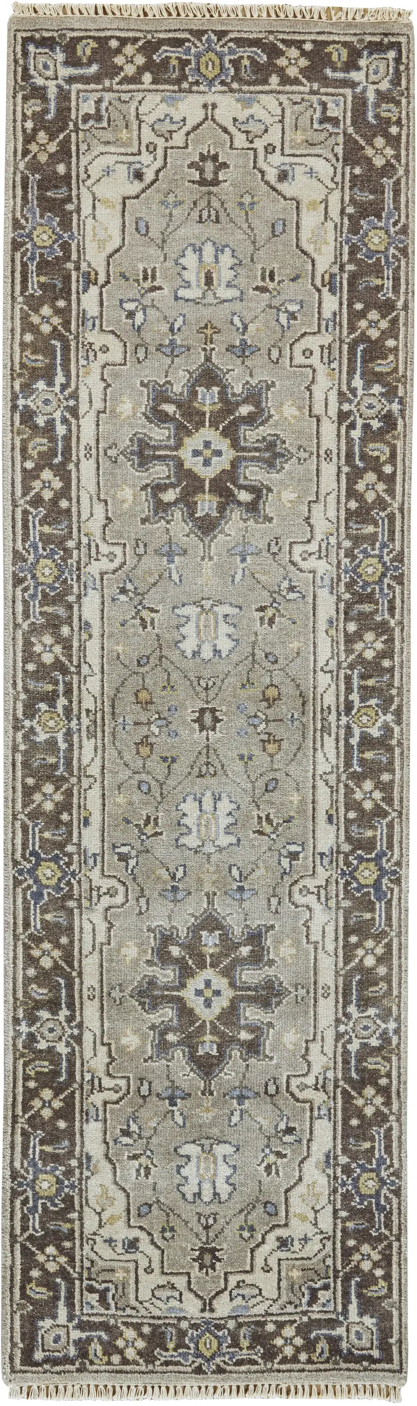 8' Beige Blue and Gray Medallion Hand Knotted Runner Rug With Fringe Photo 2