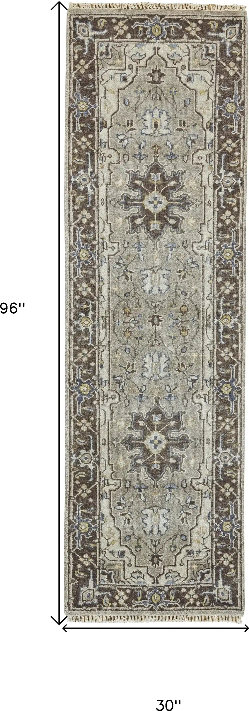 8' Beige Blue and Gray Medallion Hand Knotted Runner Rug With Fringe Photo 3